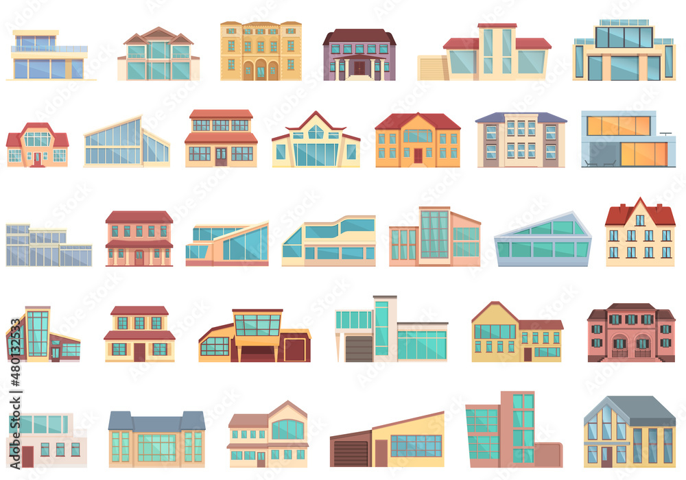 Villa icons set cartoon vector. House building. Mansion front