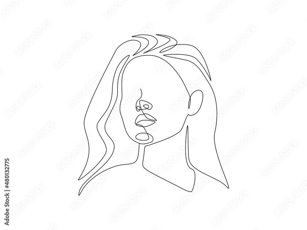 Abstract Woman face one continuous line drawing. Minimalistic modern female portrait linear simple style for print t-shirt, slogan design, posters, postcards. Fashion concept. Vector illustration Abstract Woman face one continuous line drawing. Minimalistic modern female portrait linear simple style for print t-shirt, slogan design, posters, postcards. Fashion concept. Vector illustration