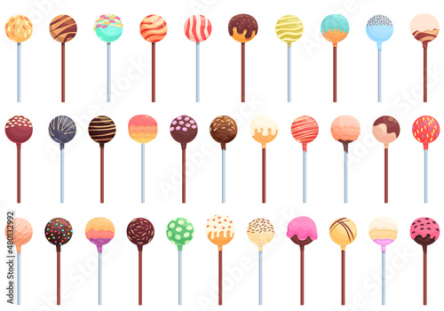 Cake pops icons set cartoon vector. Dessert cake. Bar candy