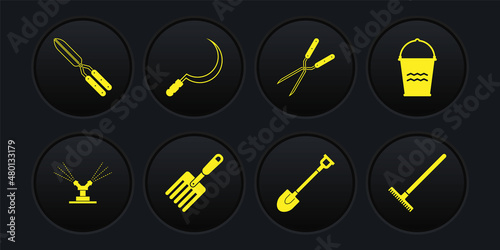 Set Automatic irrigation sprinklers, Bucket, Garden fork, shovel, Gardening handmade scissor, Sickle, rake and icon. Vector