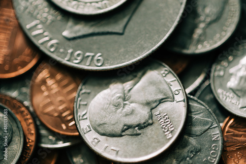 Coins Background in closeup, selective focus