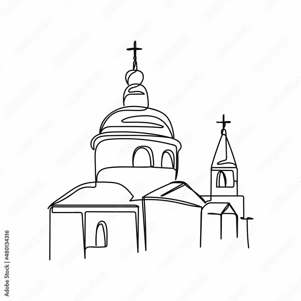 Continuous one simple single abstract line drawing of woman in beautiful church icon in silhouette on a white background. Linear stylized.