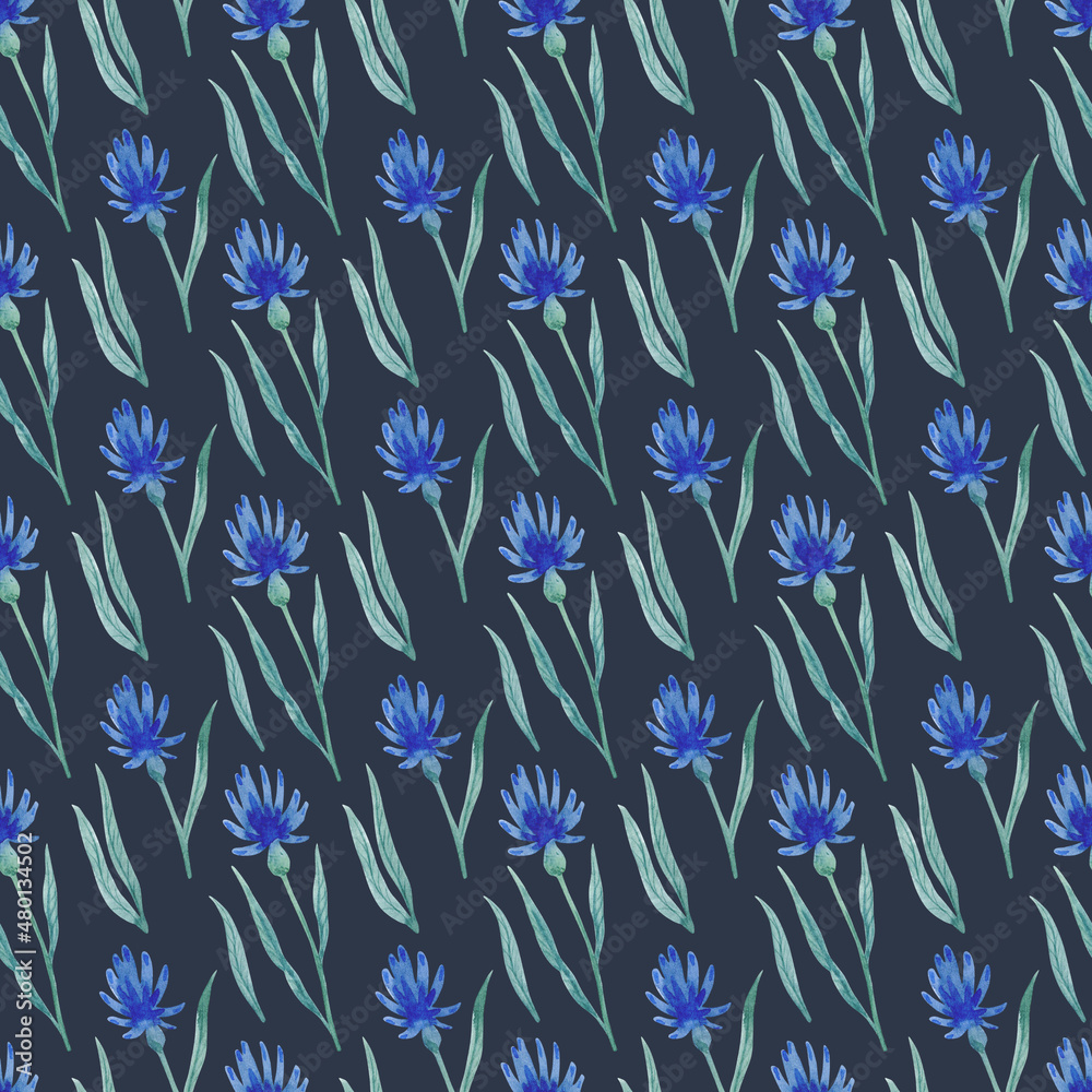 Fototapeta premium Watercolor pattern with blue flowers and leaves on a dark background.