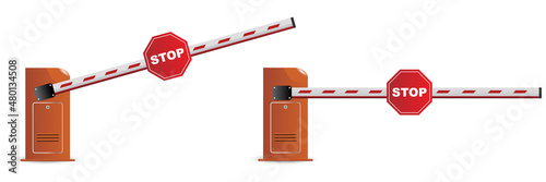 realistic vector car barrier with stop traffic 

sign set open closed positions, gate or car 

barrier with rased and lowered bars.