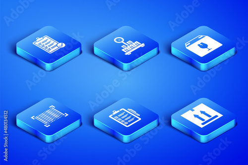 Set Cardboard box with traffic, Verification of delivery list, Barcode, Scale cardboard and Delivery fragile content icon. Vector