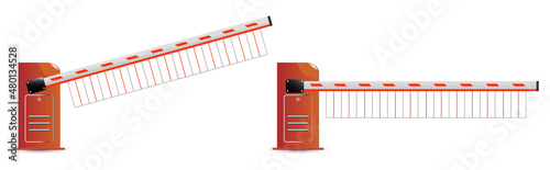 realistic vector car barrier with stop traffic 

sign set open closed positions, gate or car 

barrier with rased and lowered bars.

