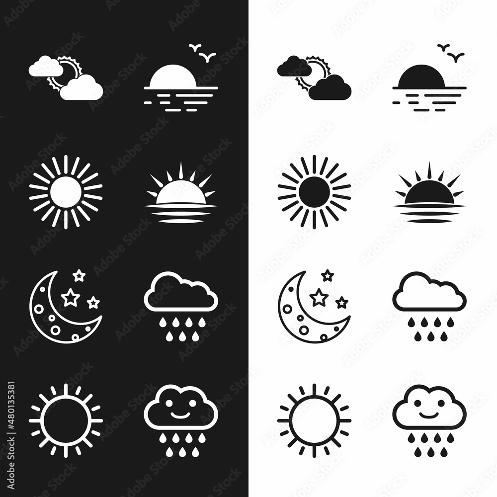 Set Sunset, and cloud weather, Moon stars, Cloud with rain, and icon. Vector Set Sunset, and cloud weather, Moon stars, Cloud with rain, and icon. Vector