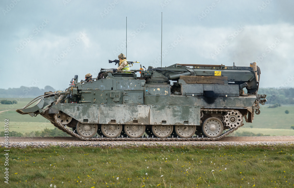 close up of a British Army Challenger 2 Tank Armored Repair and Recovery Vehicle (CRARRV) on a military training exercise, salisbury plain wiltshire UK close up of a British Army Challenger 2 Tank Armored Repair and Recovery Vehicle (CRARRV) on a military training exercise, salisbury plain wiltshire UK