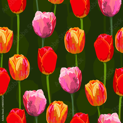 Tulip flowers vector seamless pattern. Design for any surface backgrounds