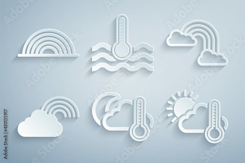 Set Thermometer and cloud, moon, Rainbow with clouds, sun, Water thermometer and icon. Vector