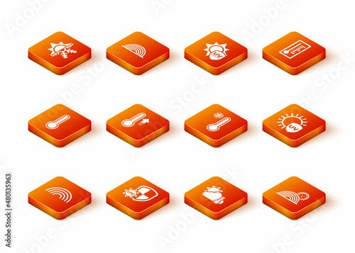 Set Rainbow, UV protection, Meteorology thermometer, Thermometer and cloud, sun, with and icon. Vector