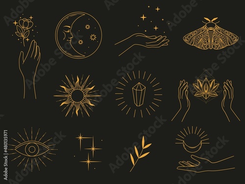 A collection of mystical symbols in the boho style - the all-seeing eye, sun, moon, lotus flower, crystal, moth and others. Vector illustration isolated on dark background
