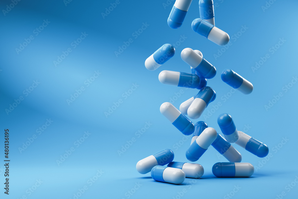 Blue white pills falling on a blue background. 3D rendering. Blue white pills falling on a blue background. 3D rendering.
