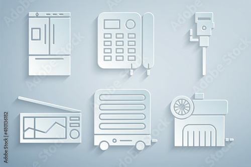 Set Electric heater, Construction jackhammer, Radio, Air compressor, Telephone and Refrigerator icon. Vector