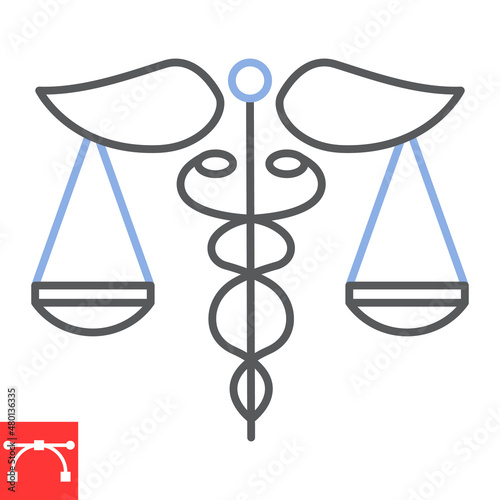 Health law line icon, medicine and justice, caduceus scale vector icon, vector graphics, editable stroke outline sign, eps 10.