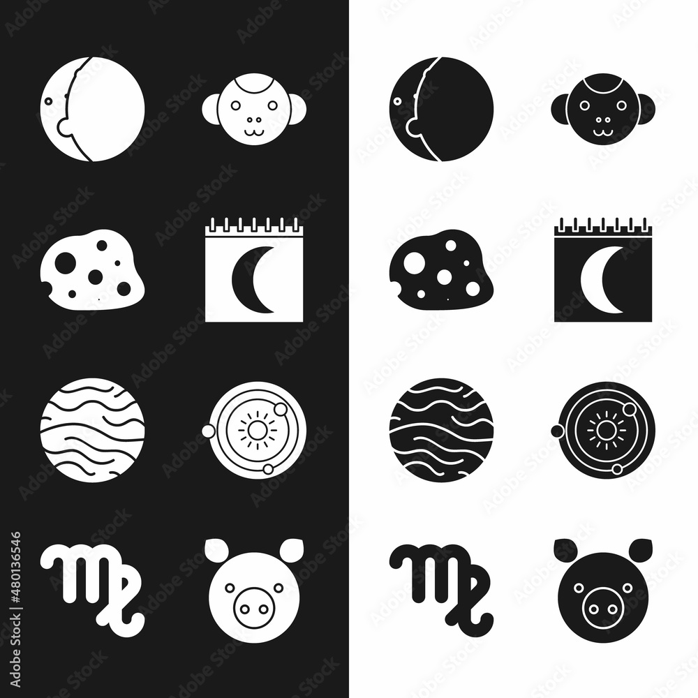 Set Moon phases calendar, Asteroid, Eclipse of the sun, Monkey zodiac, Planet Venus, Solar system, Pig and Virgo icon. Vector Set Moon phases calendar, Asteroid, Eclipse of the sun, Monkey zodiac, Planet Venus, Solar system, Pig and Virgo icon. Vector