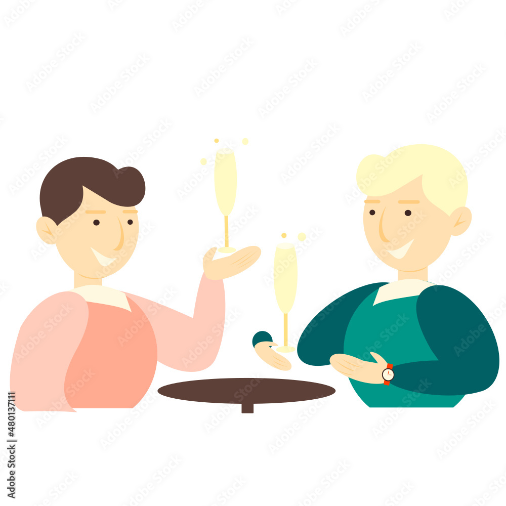 Vector illustration of guys at the bachelor party. Guys at a table in a restaurant with glasses. Meeting of young men. Vector illustration of guys at the bachelor party. Guys at a table in a restaurant with glasses. Meeting of young men.