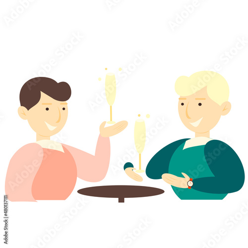 Vector illustration of guys at the bachelor party. Guys at a table in a restaurant with glasses. Meeting of young men.