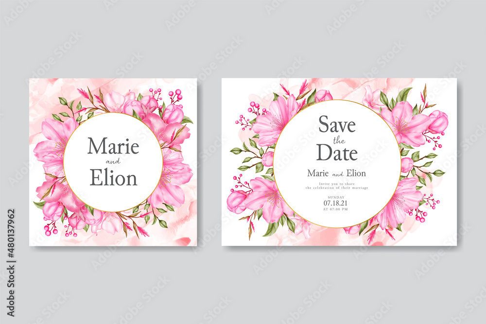 Hand drawn cherry blossom wedding invitation template