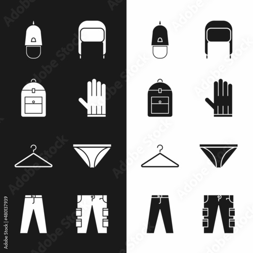 Set Leather glove, Backpack, Police cap with cockade, Winter hat ear flaps, Hanger wardrobe, Men underpants, Cargo and Pants icon. Vector