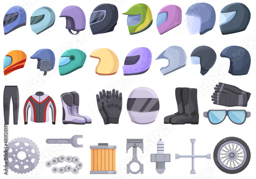 Motorcycle equipment icons set cartoon vector. Helmet jacket. Bike cover