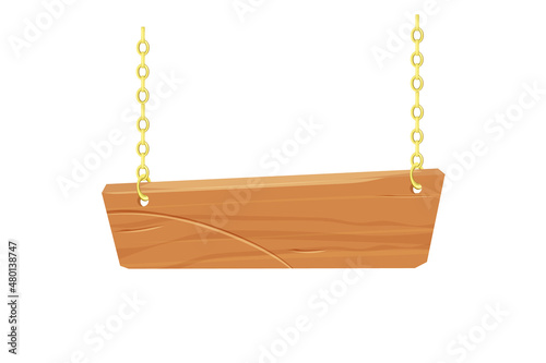 Hanging wooden frame with golden chain, signboard in cartoon style isolated on white background. Textured wood planks, decoration. Ui game asset.