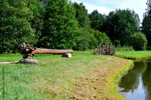 A view of a big fallen tree with its roots visible standing on two rocks in the middle of a vast field, meadow or pastureland, next to some dirt path and many shrubs and trees in summer