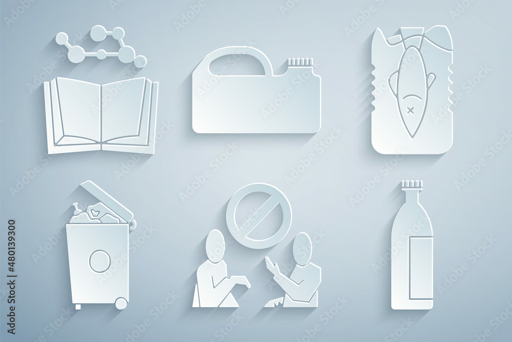 Set Stop plastic pollution, ocean, Trash can, Lotion cosmetic tube, Canister for machine oil and Open book icon. Vector Set Stop plastic pollution, ocean, Trash can, Lotion cosmetic tube, Canister for machine oil and Open book icon. Vector