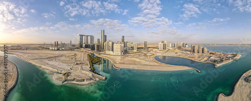 Aerial view on developing part of Al Reem island in Abu Dhabi on a cloudy day