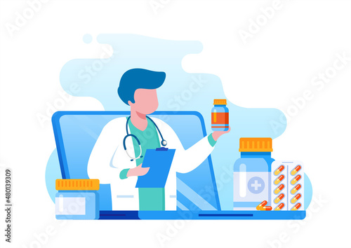 Online doctor virtual consultation with mobile phone technology fast response for emergency patient. flat vector illustration fit for banner, flyer, landing page, etc