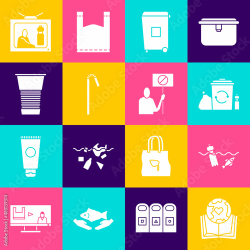 Set Earth globe and book, Problem pollution of the ocean, Recycle bin with recycle, Trash can, Drinking plastic straw, Paper glass, Stop and Nature saving protest icon. Vector