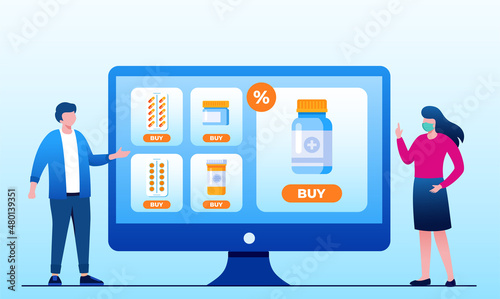 Online pharmacy with mobile phone easy order and virtual consultation with doctor. flat vector illustration fit for flyer, banner and landing page