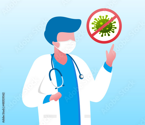 Doctor educate a pandemic corona virus warning with medical mask to protect. flat vector illustration template