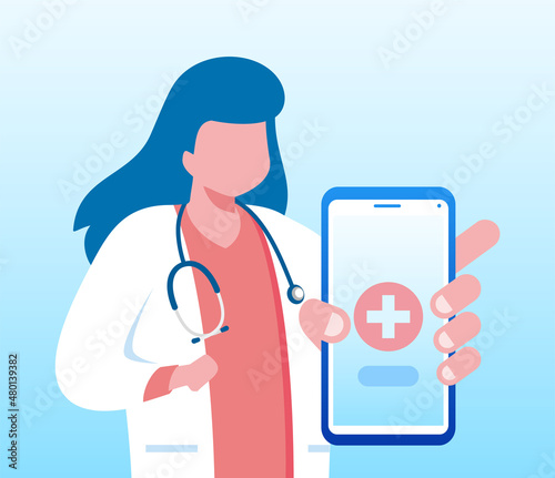 Online doctor virtual consultation with mobile phone technology fast response for emergency patient. flat vector illustration fit for banner, flyer, landing page, etc