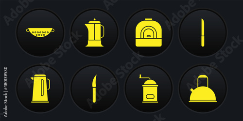 Set Kettle with handle, Knife, Manual coffee grinder, Oven, French press, and Kitchen colander icon. Vector