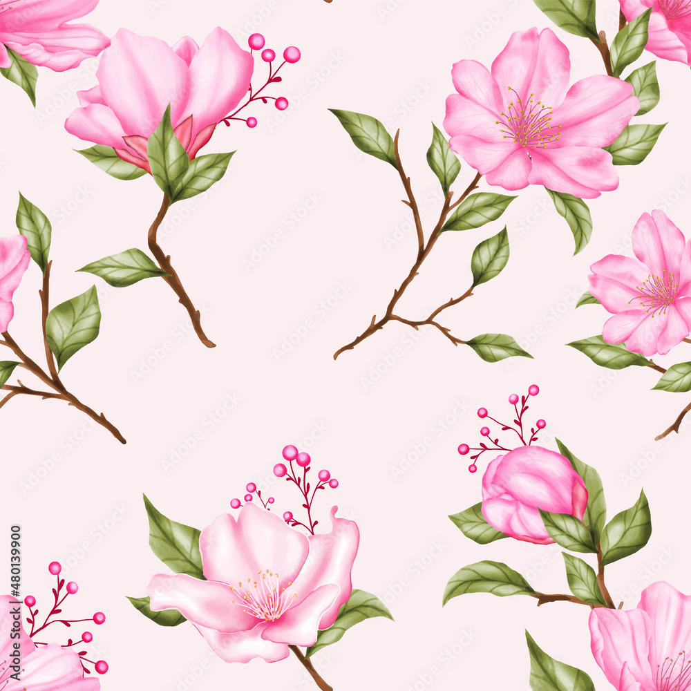 Watercolor cherry blossom flower seamless pattern