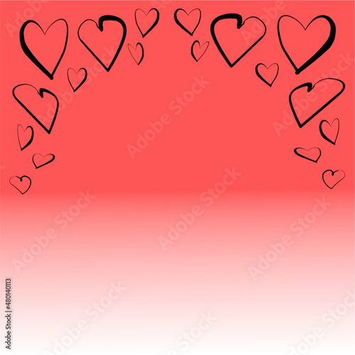 Corazones dibujados a mano con tinta en fondo rojo degradado.