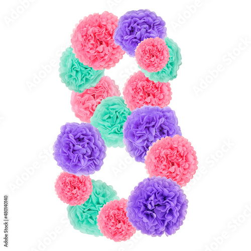 Number 8 from pastel paper flowers. Floral font concept. Unique collection of numbers. Children's birthday, wedding and valentines creative idea. photo