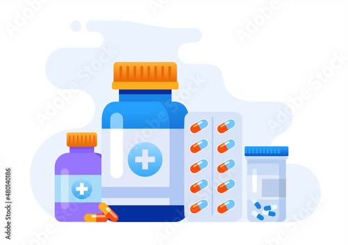 Pharmacy aid, antibiotic, pills, capsule, etc. healthcare drugs Illustration vector flat design banner or background