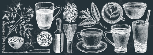 Fotografiet Hand-sketched tea drinks and ingredients collection on chalkboard