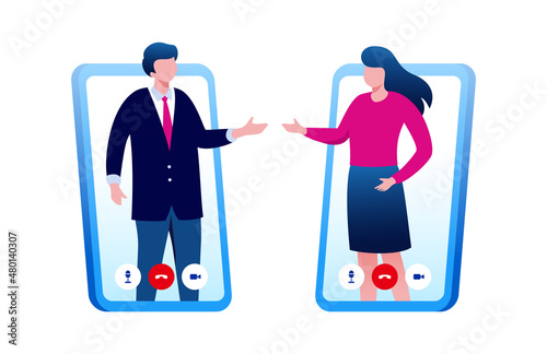 Virtual meeting with technology computer, laptop, mobile phone, etc. teleconference flat vector illustration fit for banner, flyer, landing page, etc