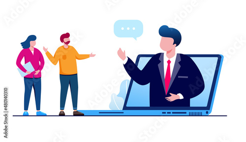 Virtual meeting with technology computer, laptop, mobile phone, etc. teleconference flat vector illustration fit for banner, flyer, landing page, etc