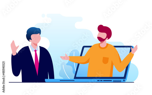 Virtual meeting with technology computer, laptop, mobile phone, etc. teleconference flat vector illustration fit for banner, flyer, landing page, etc