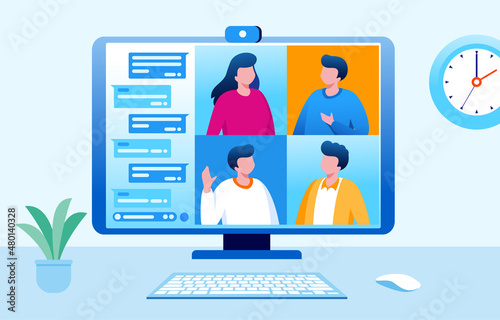 Virtual meeting and meetup group with technology computer, laptop, mobile phone, etc. teleconference flat vector illustration fit for banner, flyer, landing page, etc