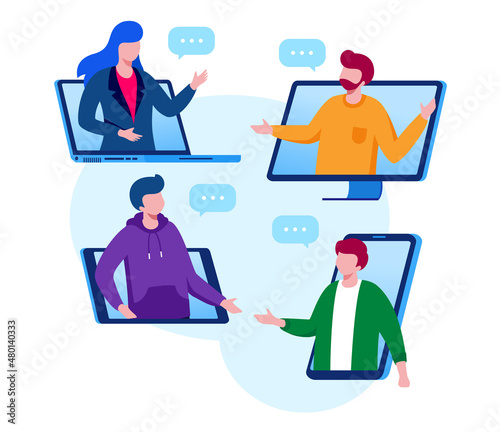 Virtual meeting and meetup group with technology computer, laptop, mobile phone, etc. teleconference flat vector illustration fit for banner, flyer, landing page, etc