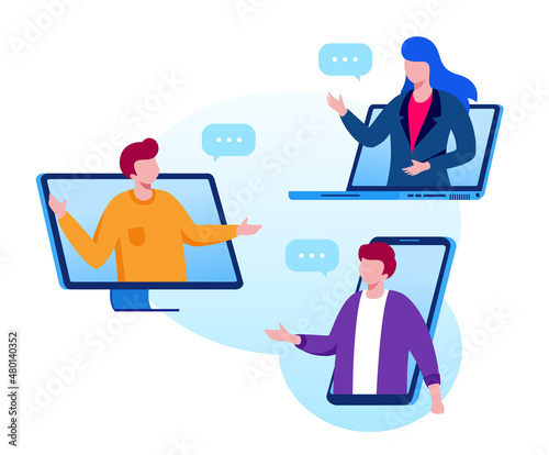 Virtual meeting and meetup group with technology computer, laptop, mobile phone, etc. teleconference flat vector illustration fit for banner, flyer, landing page, etc