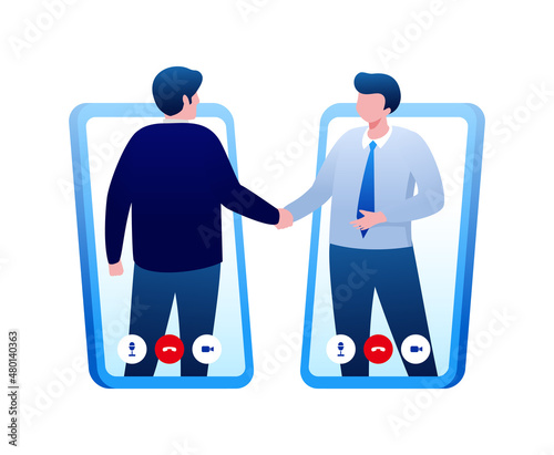 Virtual meeting with technology computer, laptop, mobile phone, etc. teleconference flat vector illustration fit for banner, flyer, landing page, etc