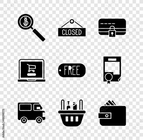 Set Magnifying glass and dollar, Credit card lock, Delivery cargo truck vehicle, Shopping basket food, Wallet paper money cash, cart laptop and Price tag text Free icon. Vector