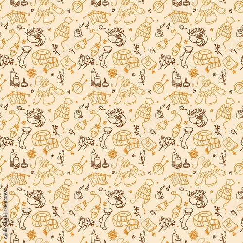 Accessories for knitting, crohet. Knitted clothes. Illustracion. Seamless pattern for fabric, wrapping, textile, wallpaper, apparel. Vector. 