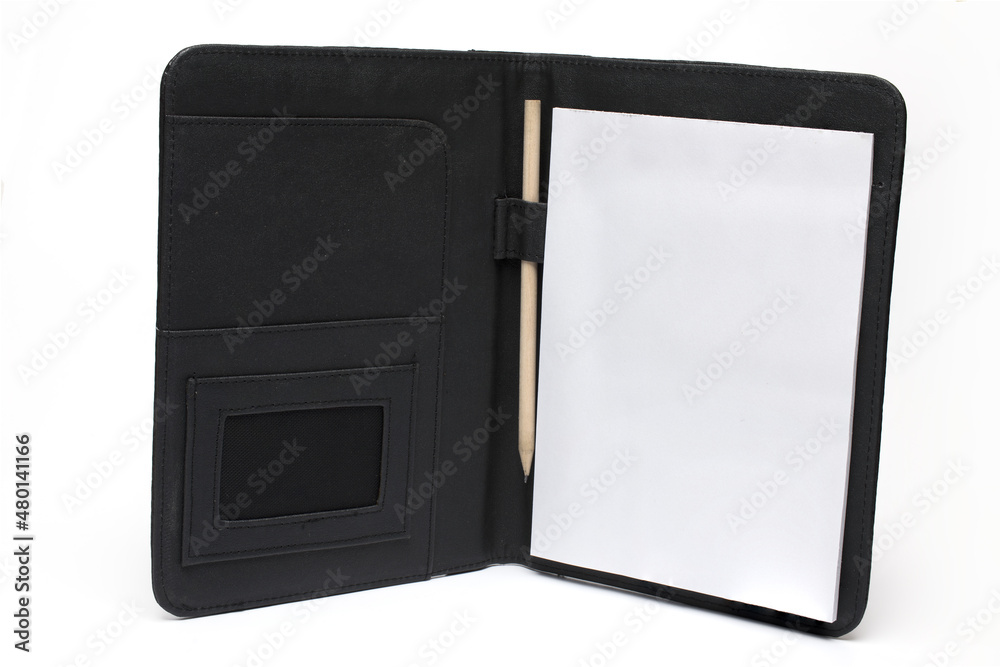 Closeup opened leather notepad notebook white background Closeup opened leather notepad notebook white background